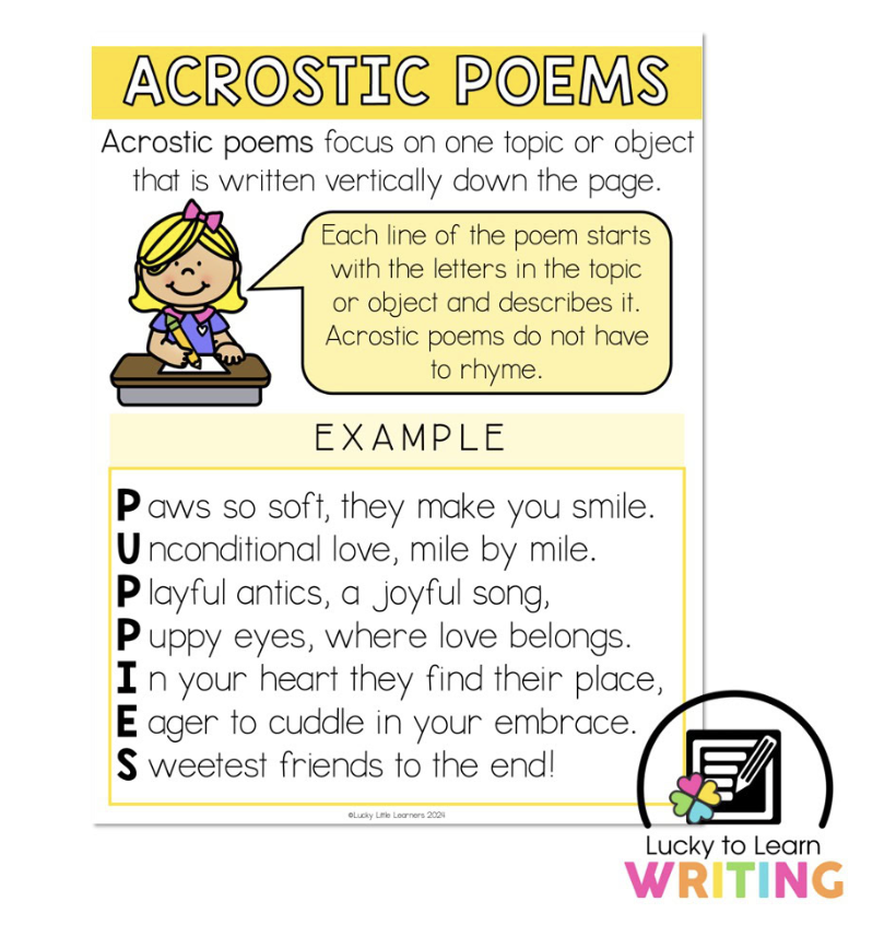 Colorful acrostic poem poster for 2nd grade students explaining the structure of acrostic poetry with an example poem about puppies.